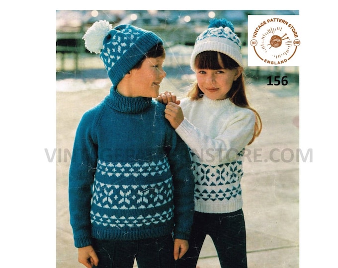 Girls Boys Childrens 80s fair isle banded polo or crew neck DK raglan sweater jumper hat pdf knitting pattern 26" to 32" chest Download 156