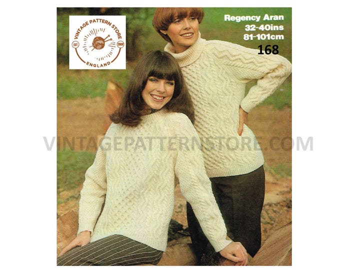 Ladies Womens 80s vintage crew or polo neck cable cabled aran raglan sweater jumper pdf knitting pattern 32" to 40" Instant PDF download 168