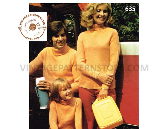 Ladies Womens Mens Boys Girls 70s family easy to knit DK polo neck raglan sweater jumper pdf knitting pattern 22" to 32" PDF download 635