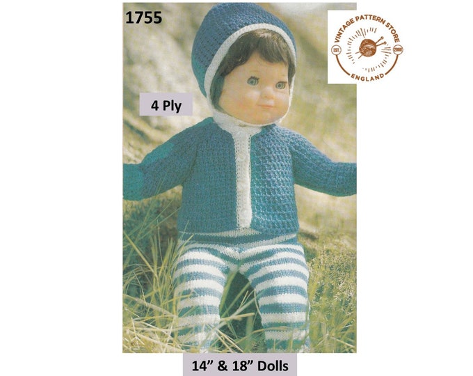 80s vintage 14" 18" 4 ply Dolls clothes hooded hoodie jacket and striped trousers pants pdf knitting pattern Instant PDF download 1755