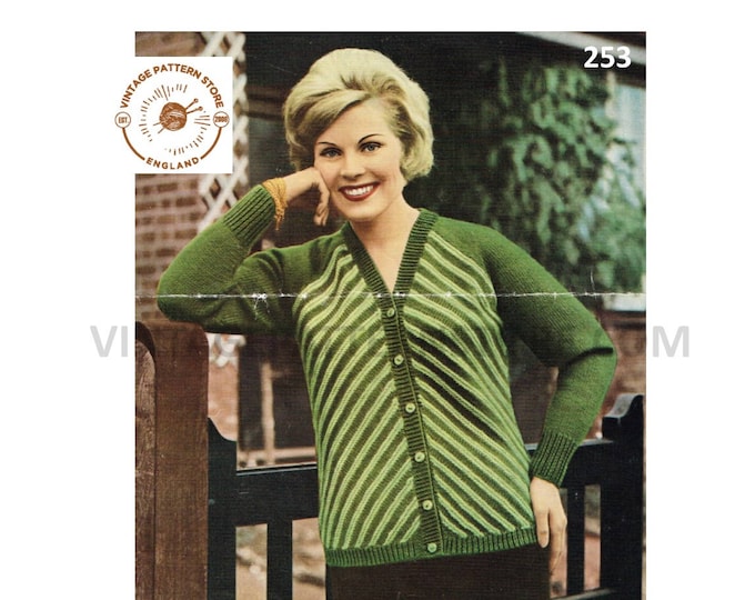 Ladies Womens 60s vintage DK V neck chevron striped raglan cardigan pdf knitting pattern 33" to 40" chest Instant PDF Download 253
