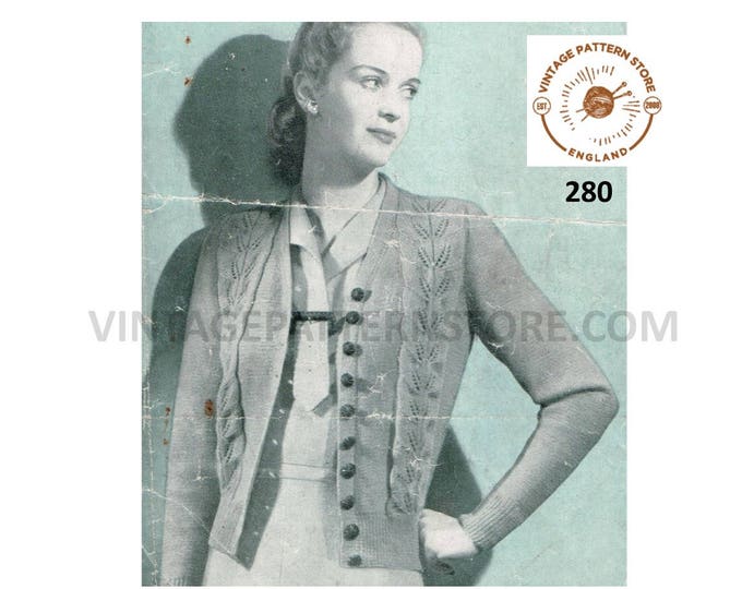 Ladies Womens 40s vintage V neck cabled cable and lace panel 3 ply raglan cardigan pdf knitting pattern 36" to 38" chest PDF download 280