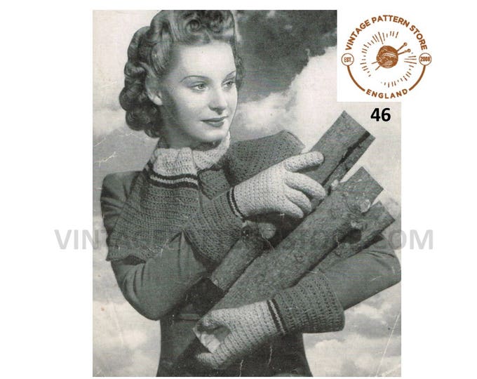 Ladies Womens 40s vintage 3 ply gauntlet gloves and matching scarf pdf knitting pattern 6" palm size Instant PDF Download 46
