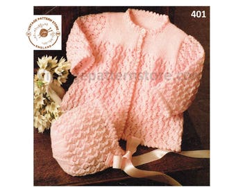 Baby Babies 90s picot round neck contrast yoke yoked raglan matinee coat jacket and bonnet pdf knitting pattern 16" to 20" PDF Download 622