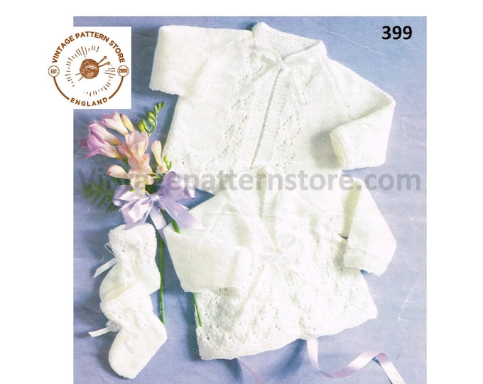 Baby Babies 4 ply lacy and lace edged raglan cardigan matinee coat jacket booties bootees pdf knitting pattern 16" to 19" chest Download 399