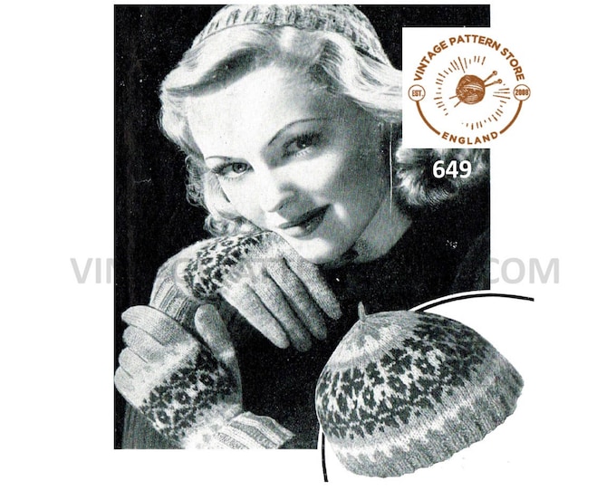 Ladies Womens 40s vintage 3 ply fair isle gloves and kippah hat cap pdf knitting pattern 7" palm size Instant PDF download 649