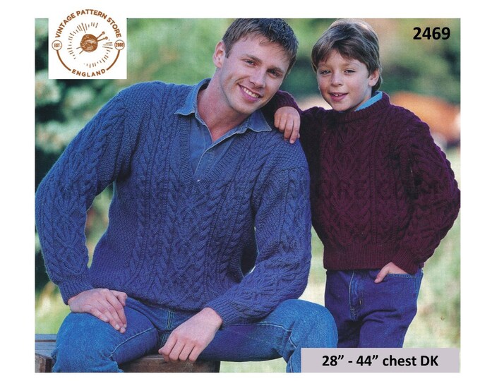 Mens Mans Boys 90s DK V or crew neck cable cabled raglan drop shoulder sweater jumper pdf knitting pattern 28" to 44" chest download 2469