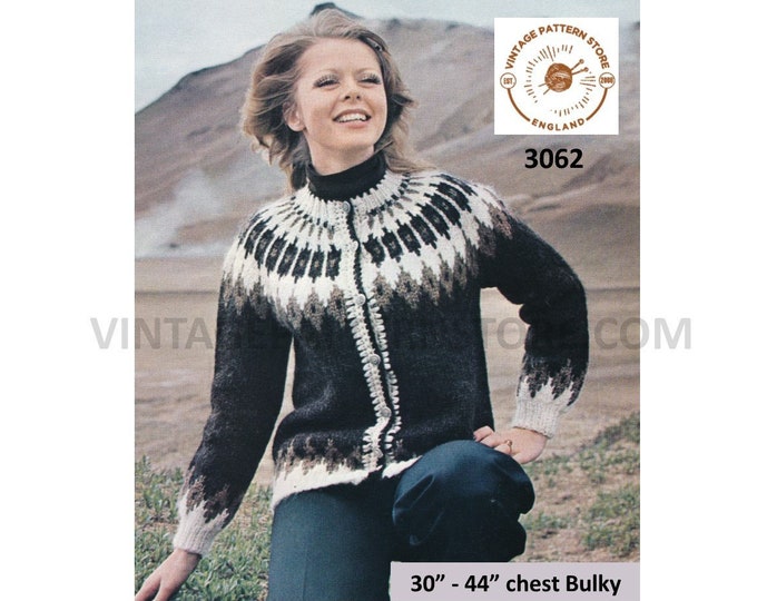 Ladies Womens 80s vintage bulky knit crew neck fair isle yoke yoked raglan cardigan pdf knitting pattern 30" to 44" chest PDF Download 3062