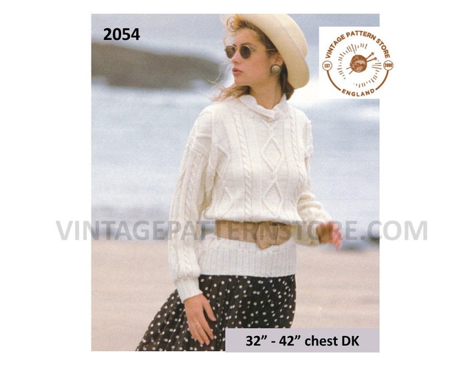 Ladies Womens 90s DK round neck drop shoulder cable cabled dolman sweater jumper pdf knitting pattern 32" to 42" chest PDF download 2054