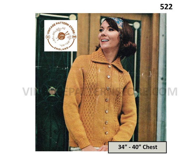 Ladies Womens 60s vintage 4 ply cabled honeycomb cable panel collared raglan cardigan jacket pdf knitting pattern 34" to 40" Download 522