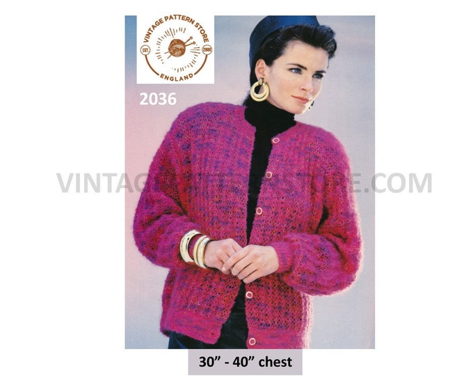 Ladies Womens 90s easy to knit round neck drop shoulder dolman mohair cardigan jacket pdf knitting pattern 30" to 40" chest Download 2036