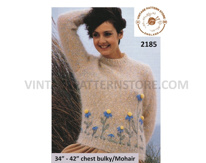 Ladies Womens 80s vintage crew neck floral echinacea embroidered mohair raglan sweater jumper pdf knitting pattern 34" to 42" download 2185