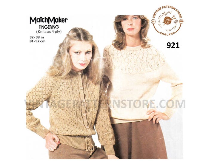 Ladies Womens 80s vintage 4 ply eyelet lace yoked round neck raglan sweater jumper & cardigan pdf knitting pattern 32" to 38" Download 921