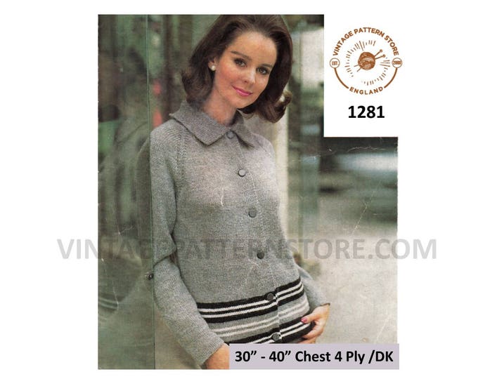 Ladies Womens 70s vintage easy to knit DK or 4 ply round neck collared striped raglan cardigan pdf knitting pattern 30" to 40" Download 1281