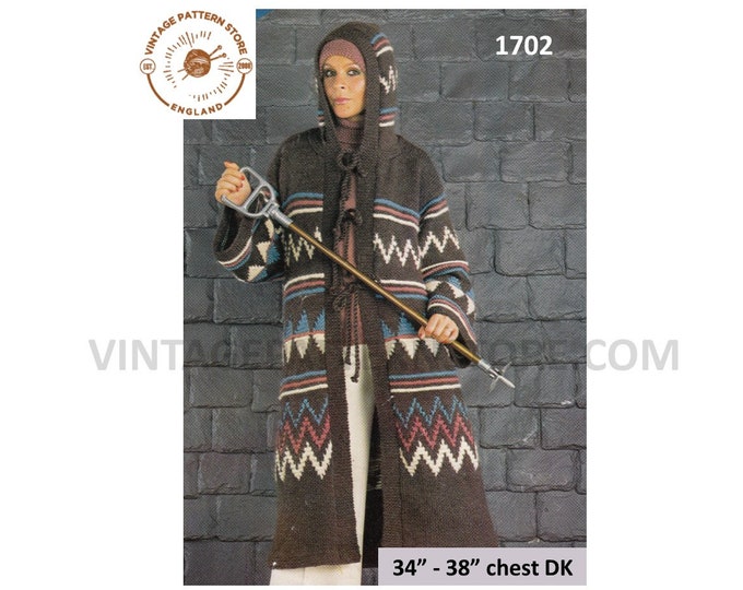 Womens Ladies 70s vintage long line colour work DK hooded jacket coat pdf knitting pattern 34" to 38" chest Instant PDF Download 1702