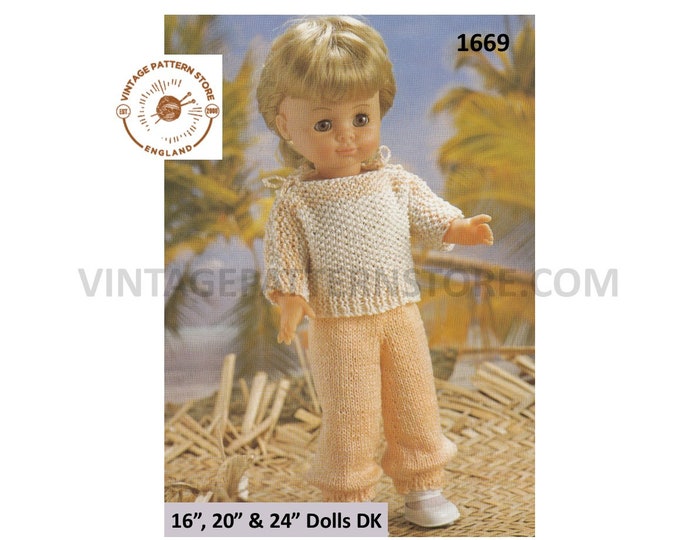 80s vintage 16" 20" 24" DK dolls clothes slash neck sweater jumper and trousers pdf knitting pattern Instant PDF Download 1669