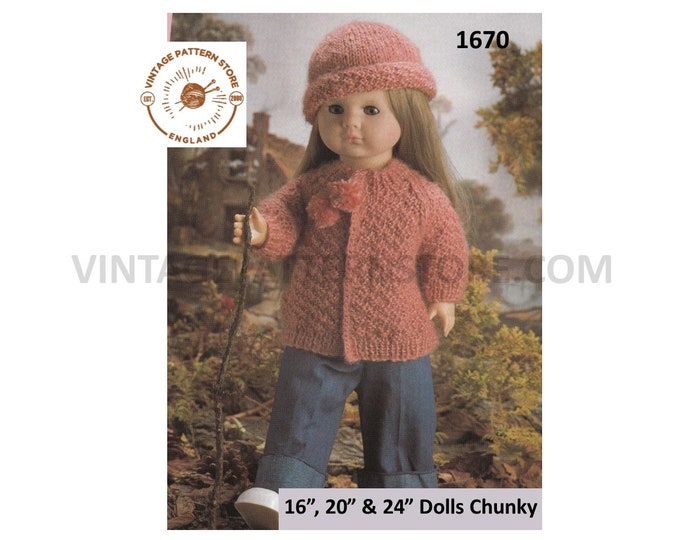 80s vintage 16" 20" 24" chunky knit dolls clothes hat and coat pdf knitting pattern Instant PDF Download 1670