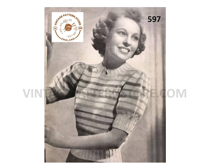 Womens Ladies 40s vintage boxy round neck short sleeve striped raglan Summer sweater jumper pdf knitting pattern 34" chest PDF download 597