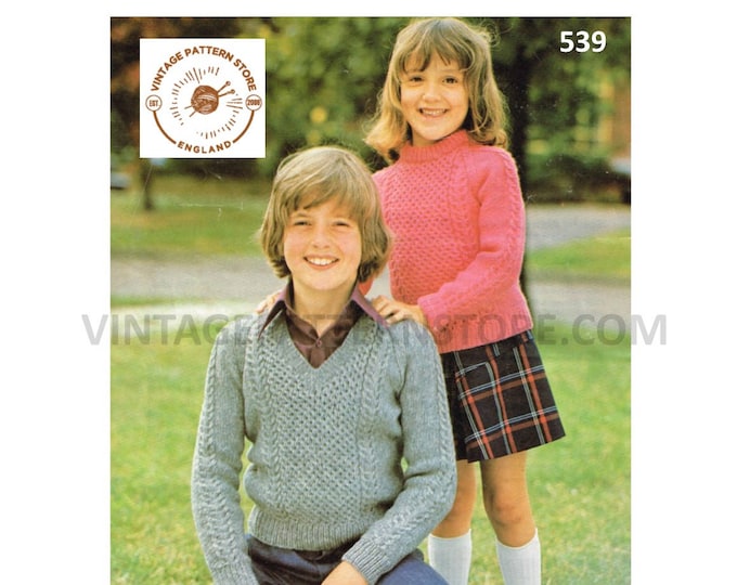 Boys Girls Childrens 70s vintage V or crew neck cable cabled DK raglan sweater jumper pullover knitting pattern 22" to 32" PDF download 539