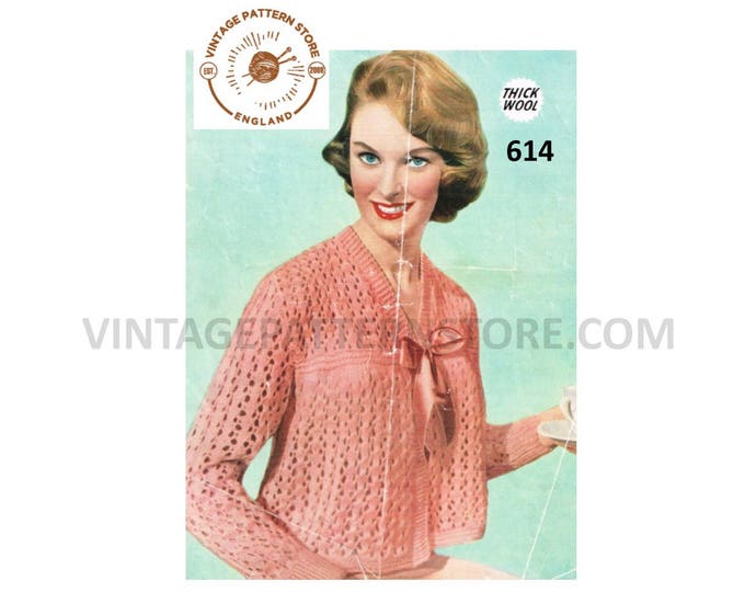 Ladies Womens 50s vintage chunky knit lacy V neck raglan bed jacket pdf knitting pattern 34" to 38" chest Instant PDF download 614