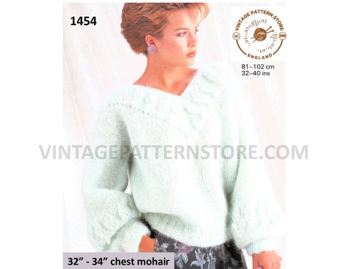 Ladies Womens 90s V neck leaf cable cabled yoke drop shoulder dolman mohair sweater jumper pdf knitting pattern 32" to 40" PDF download 1454