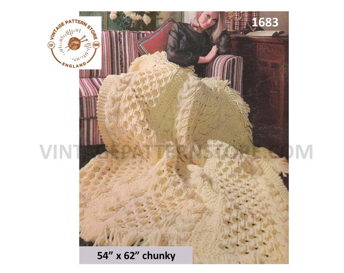 70s vintage chunky knit cable cabled and fringed afghan throw pdf knitting pattern 54" by 62" Instant PDF download 1683