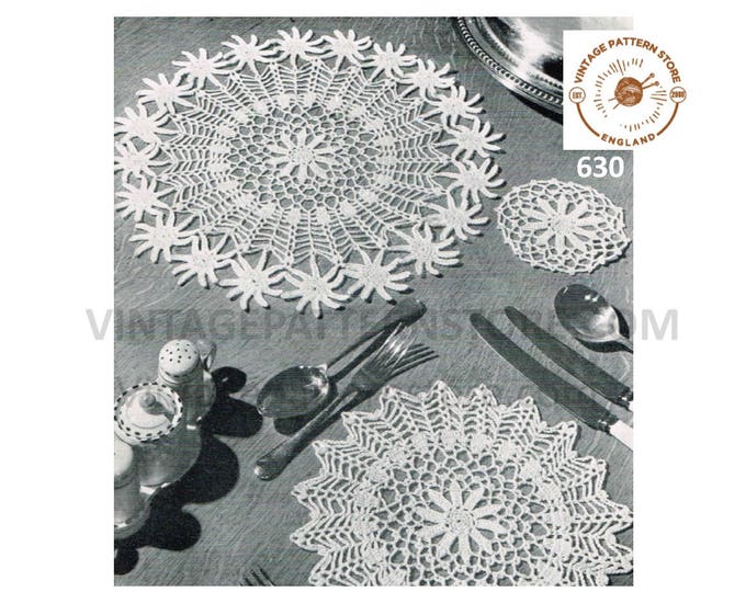 50s vintage daisy motif round circular doily doilies table place mats luncheon set pdf crochet pattern large & small Instant download 630