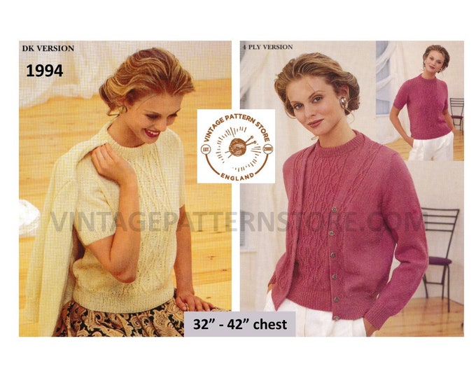 Ladies Womens 90s 4 ply or DK twin set cable panel raglan sweater jumper & V neck cardigan pdf knitting pattern 32" to 42" Download 1994