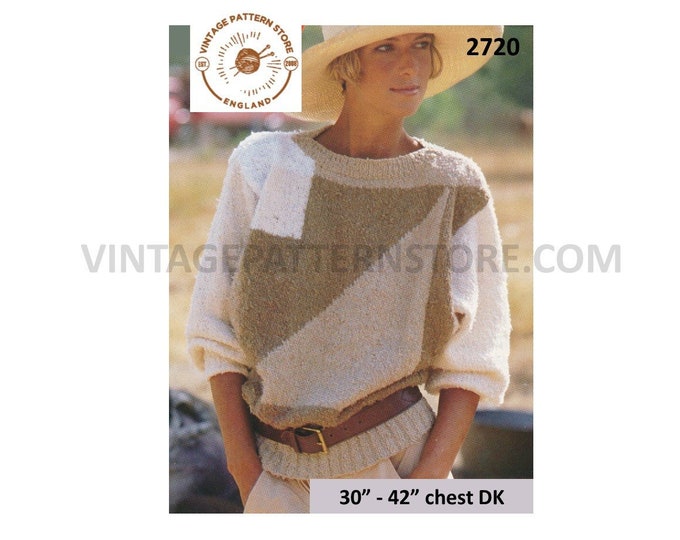 Ladies Womens 90s DK slash neck drop shoulder colour blocked dolman sweater jumper pdf knitting pattern 30" to 42" Instant PDF download 2720
