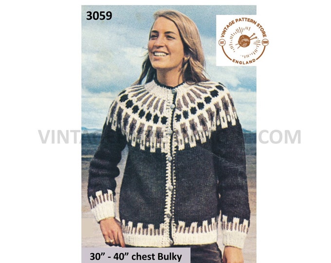 Ladies Womens 80s vintage round neck fair isle yoked & banded bulky knit raglan cardigan pdf knitting pattern 30" to 40" chest Download 3059