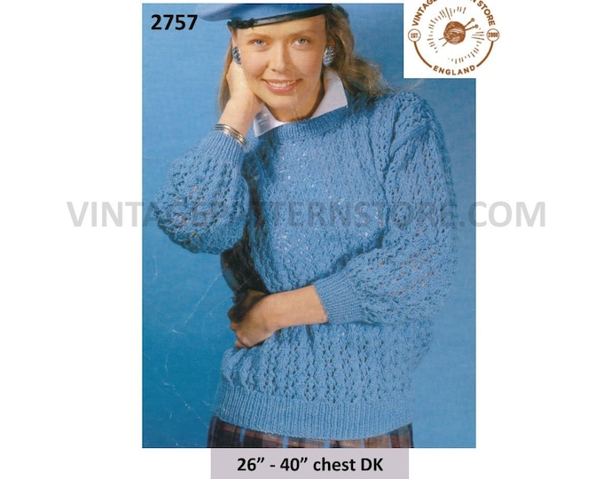 Ladies Womens 80s vintage DK crew neck lacy lace drop shoulder raglan sweater jumper pdf knitting pattern 26" to 40" Instant download 2757