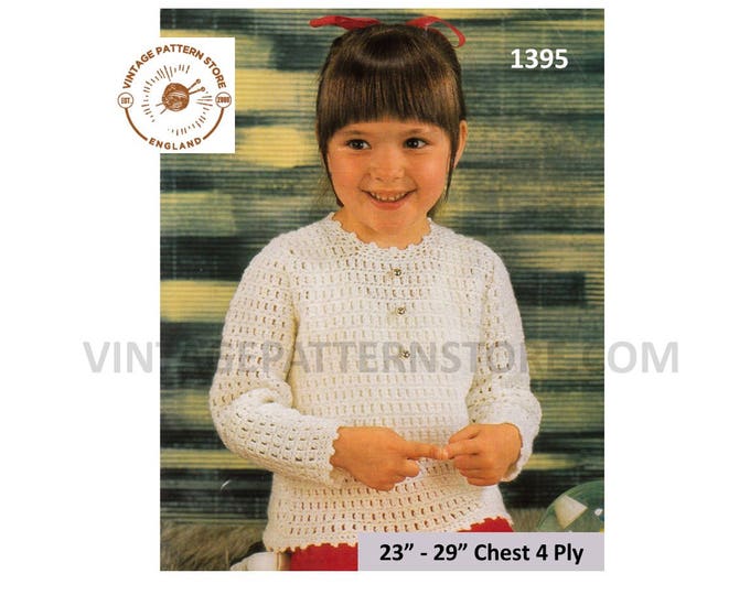Girls Toddlers 70s vintage 4 ply picot round neck lacy lace raglan sweater jumper blouse pdf crochet pattern 23" to 29" Download 1395