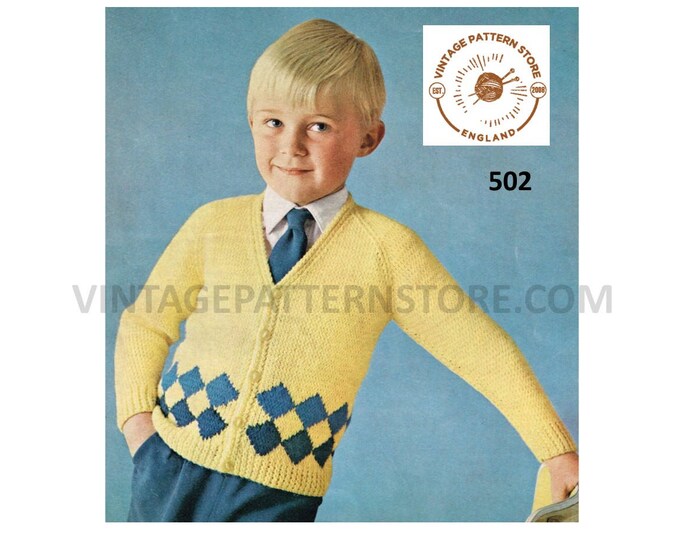Boys Girls 80s vintage easy to knit diamond intarsia hem V neck raglan DK cardigan pdf knitting pattern 18" to 26" chest PDF download 502