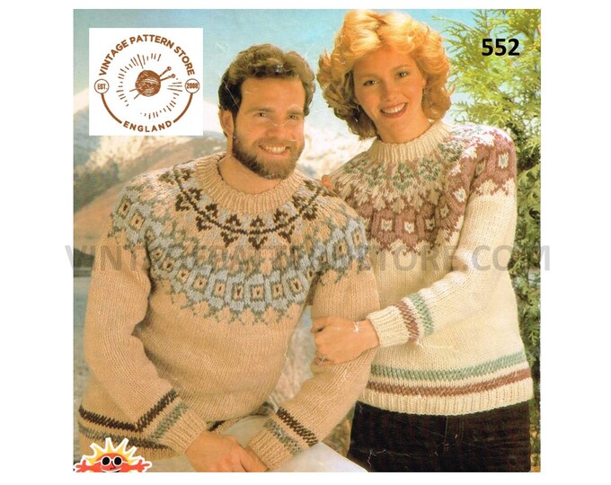 Ladies Womens Mens 90s crew neck fair isle yoke yoked chunky knit raglan sweater jumper pdf knitting pattern 34" to 40" chest Download 552