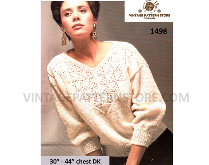 Ladies Womens 90s DK lacy yoked wide V neck drop shoulder lace yoke dolman sweater jumper pdf knitting pattern 30" to 44" PDF Download 1498