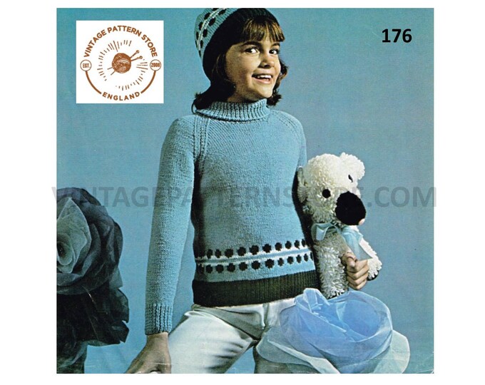 Girls 80s vintage fair isle banded DK polo neck raglan sweater jumper and hat cap pdf knitting pattern 22" to 28" chest PDF Download 176