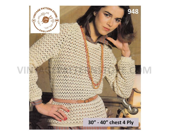 Womens Ladies 80s vintage square neck 4 ply lacy raglan sweater jumper pdf crochet pattern 32" to 40" chest PDF download 948