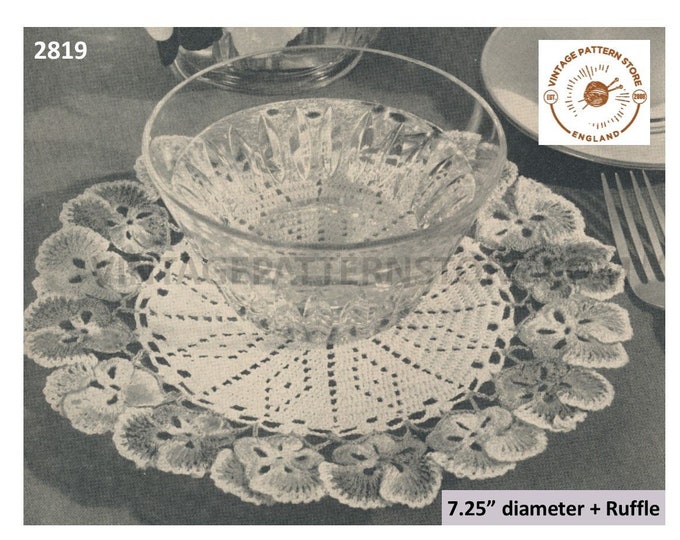 Pansy edge doily crochet patterns, 40s crochet doily patterns, Floral doily patterns, Diamond lace doily - 7.25" diameter PDF download 2819