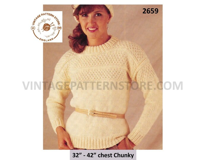 Ladies Womens 80s vintage crew neck lacy drop shoulder chunky knit raglan sweater jumper & hat pdf knitting pattern 32" to 42" Download 2659