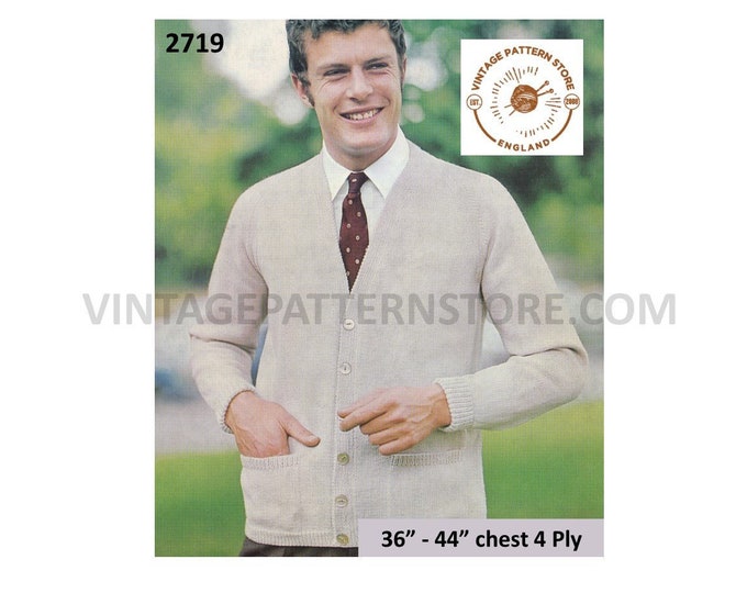 Mens Mans 60s vintage 4 ply simple and easy to knit V neck raglan cardigan pdf knitting pattern 36" to 44" chest Instant PDF download 2719