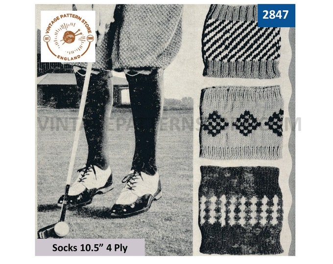 Mens Mans 30s vintage novelty 4 ply fair isle sock toppers & golfing stockings pdf knitting pattern Instant PDF Download 2847