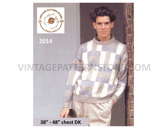 Mens Mans 90s DK round neck patchwork colour blocked drop shoulder raglan sweater jumper pdf knitting pattern 38" to 48" chest Download 2014