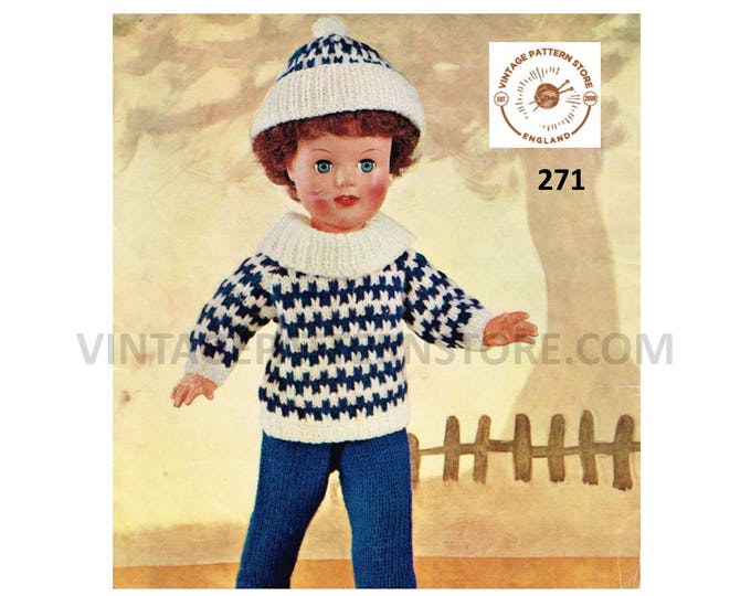 70s vintage 18" DK dolls clothes fair isle sweater jumper hat and trousers pdf knitting pattern Instant PDF Download 271