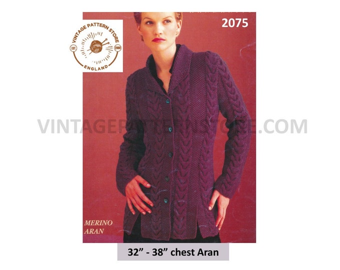 Ladies Womens 90s V neck cable cabled moss stitch long line raglan aran cardigan jacket pdf knitting pattern 32" to 38" chest Download 2075