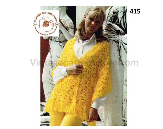 Ladies Womens 70s vintage 4 ply fringed lacy shawl stole wrap pdf crochet pattern Instant PDF Download 415