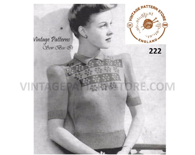 Ladies Womens 40s 3 ply round neck fair isle yoke boxy short sleeve raglan Summer sweater jumper pdf knitting pattern 34" bust Download 222