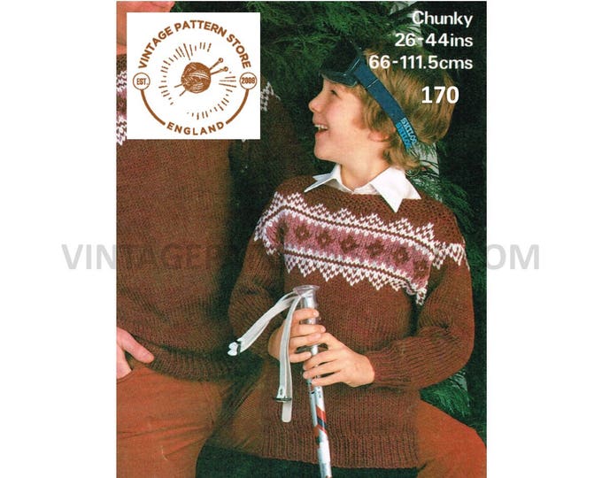 Boys Mens Mans 80s vintage chunky knit slash neck fair isle banded raglan sweater jumper pdf knitting pattern 26" to 44" PDF Download 170