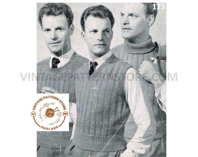 Mens Mans 50s vintage easy to knit 3 ply V round or polo neck rib ribbed tank top sweater vest pdf knitting pattern 38" to 44" Download 123