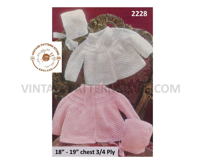 Baby Babies 70s vintage 3 ply 4 ply round neck contrast yoke matinee coat jacket and bonnet pdf knitting pattern 18" to 19" Download 2228