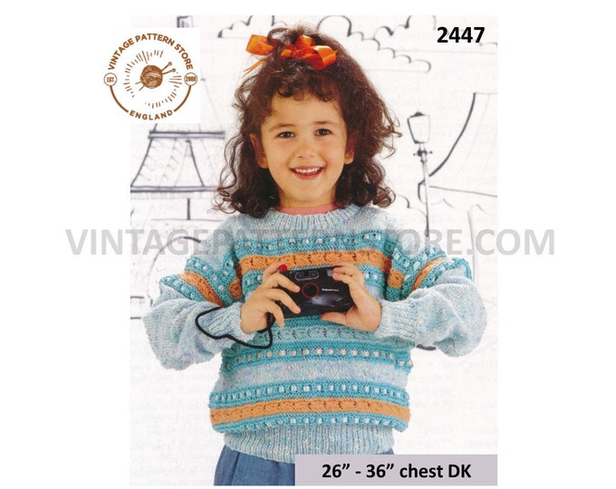 Girls 90s round neck lacy & ribbon striped drop shoulder dolman DK sweater jumper pdf knitting pattern 26" to 36" chest PDF download 2447